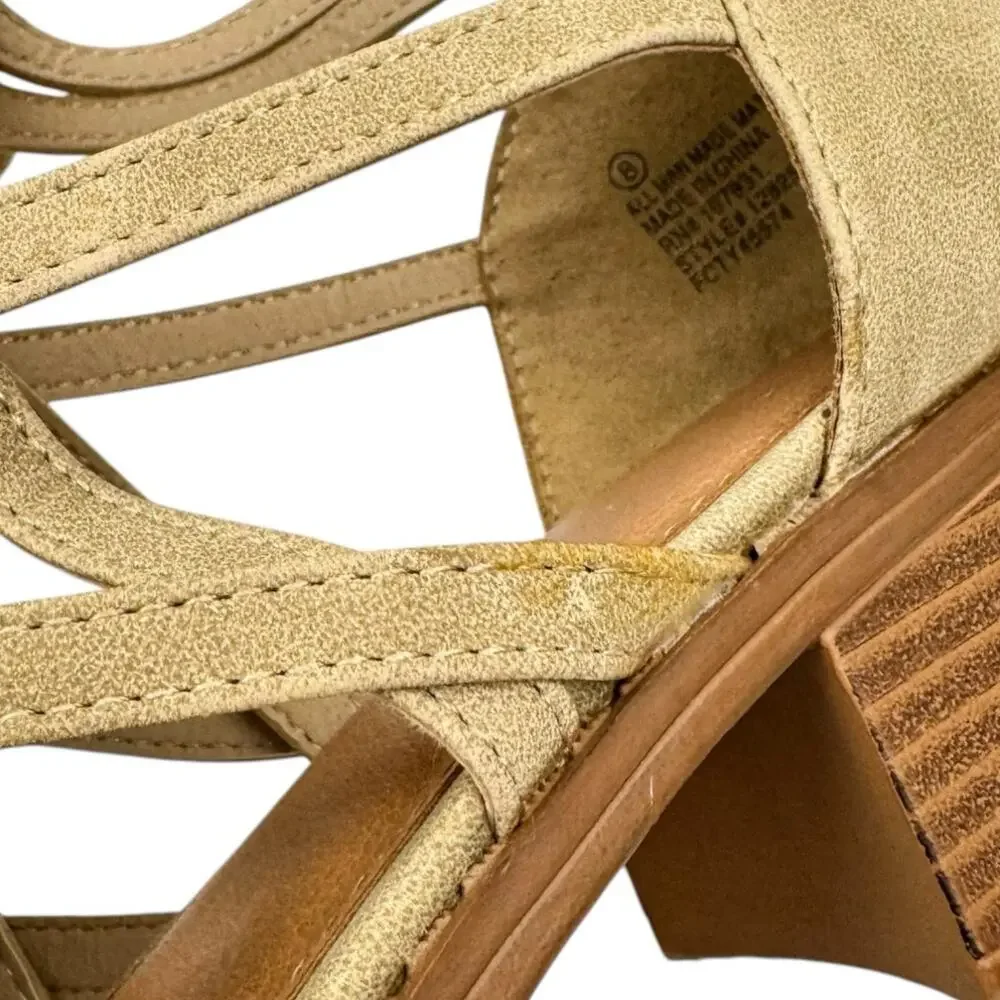 Justice Tan Western Faux Leather Metallic Strappy Block Low Heel Sandals 8 Girls